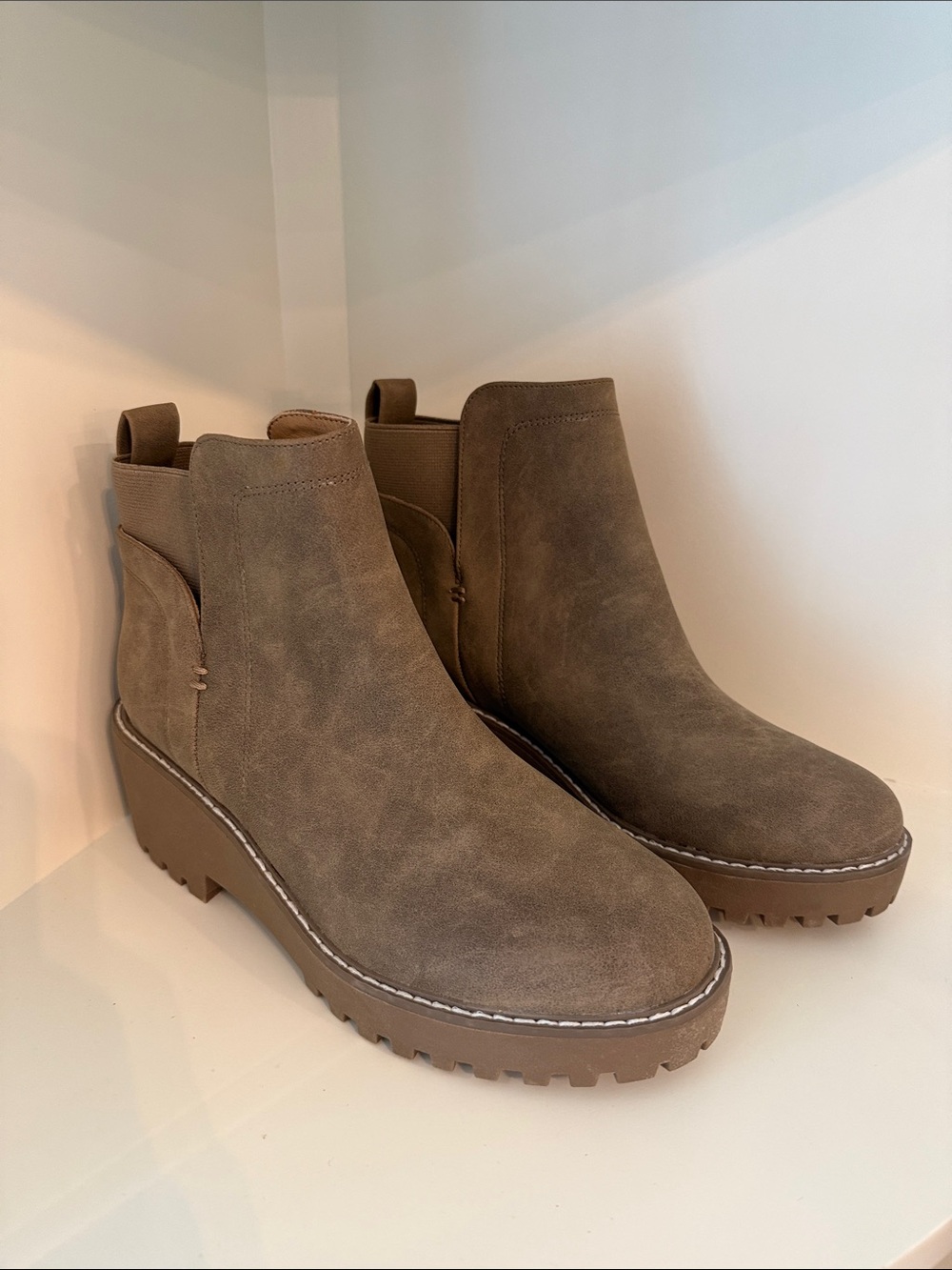 DV Dolce Vita Rancher Taupe Suede Lug Sole Chelsea Booties